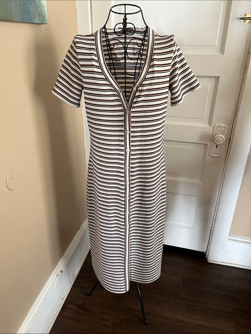 LOFT White and Brown Striped Maxi Dress